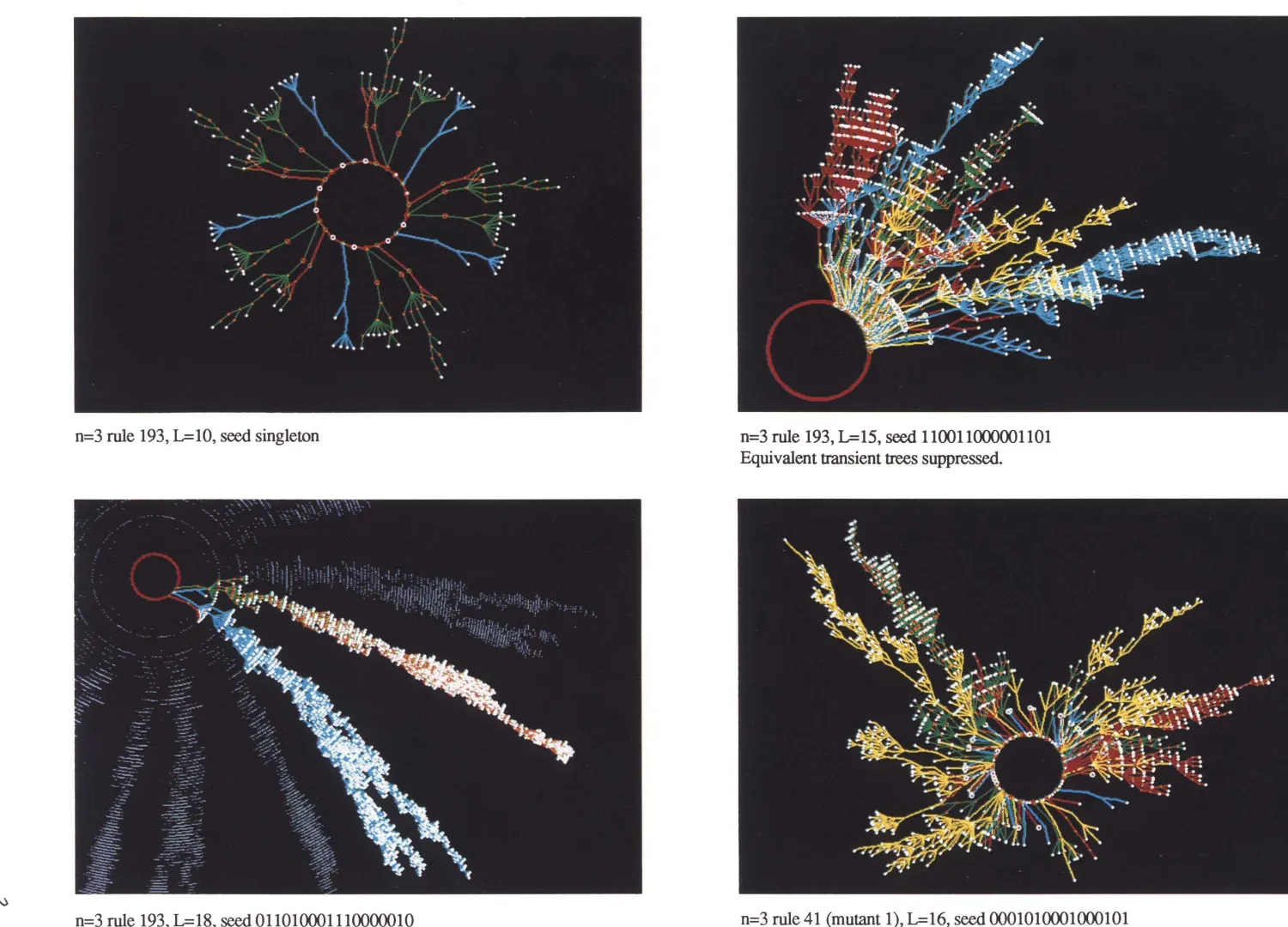 Rotated color plate from Wuensche and Lesser showing four basin graphics for 3-rule 193 and 3-rule 41.