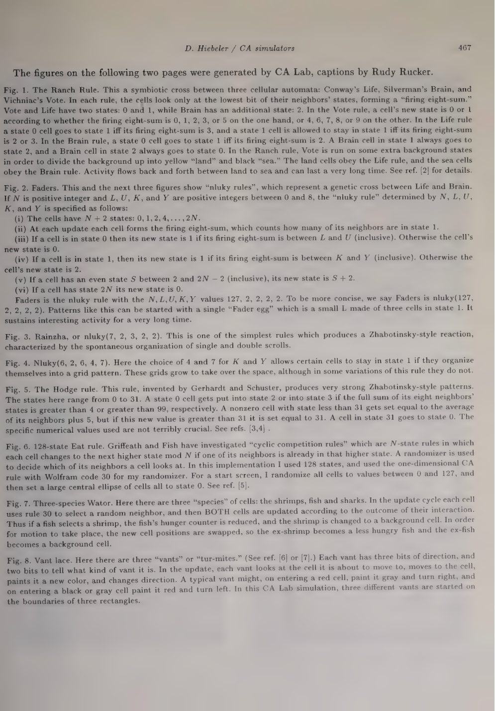 Primary-source scan of the CA Lab caption page from D. Hiebeler's CA simulators article.